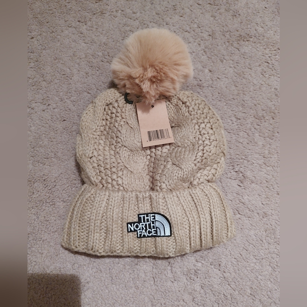 The North Face Beige Knit Beanie with Pom-Pom